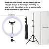 A white ring light is shown attached to a tripod stand with an adjustable arm and remote control.