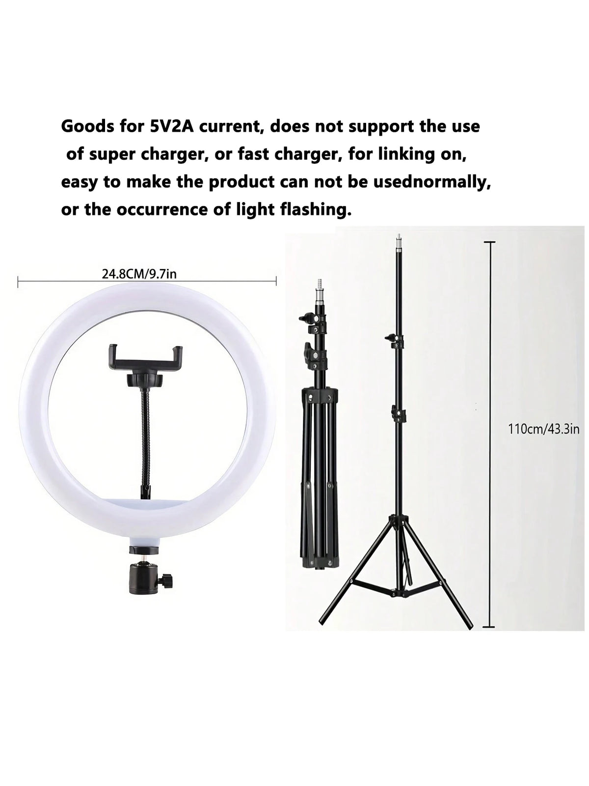 A white ring light is shown attached to a tripod stand with an adjustable arm and remote control.