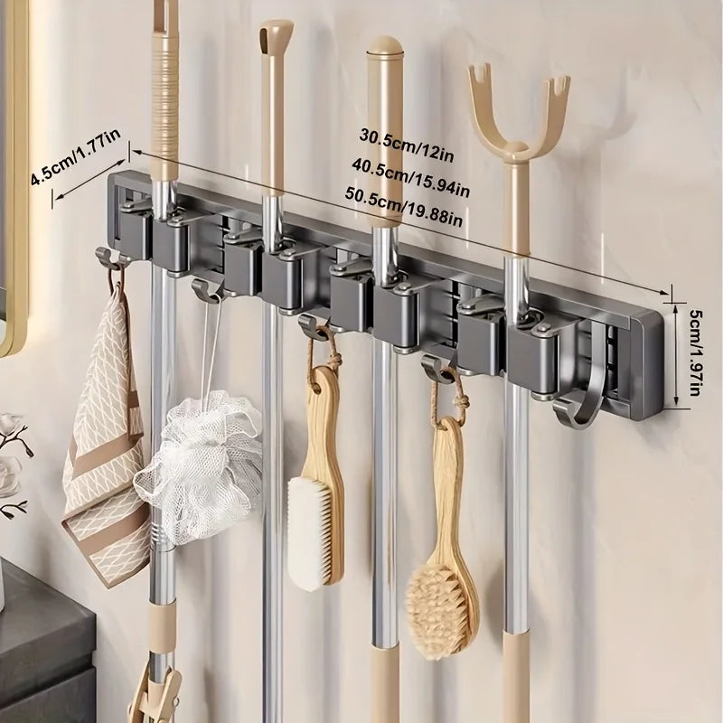 Wall-mounted metal holder for mop and broom with detachable hooks and adjustable rods