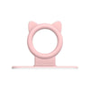 A pink silicone toilet lid lifter with a self-adhesive hook.