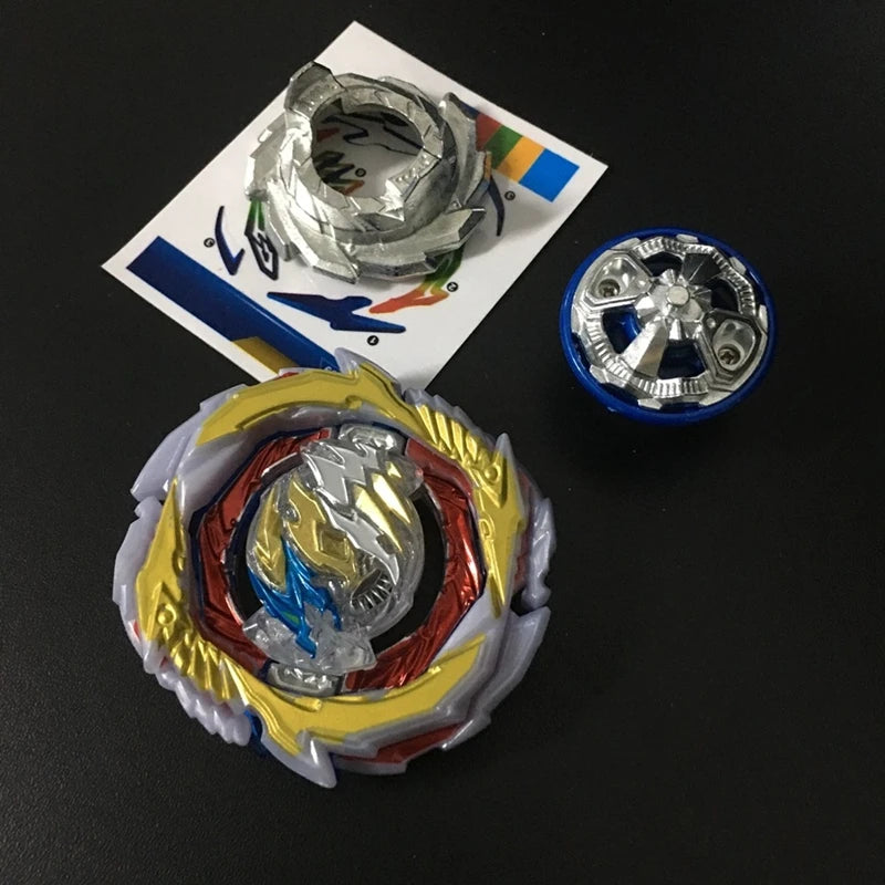 A metal battle spinning top with a sound effect is shown next to a disassembled top and a small blue component.