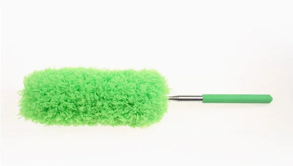 A bright lime green extendable microfiber duster with a slender handle.