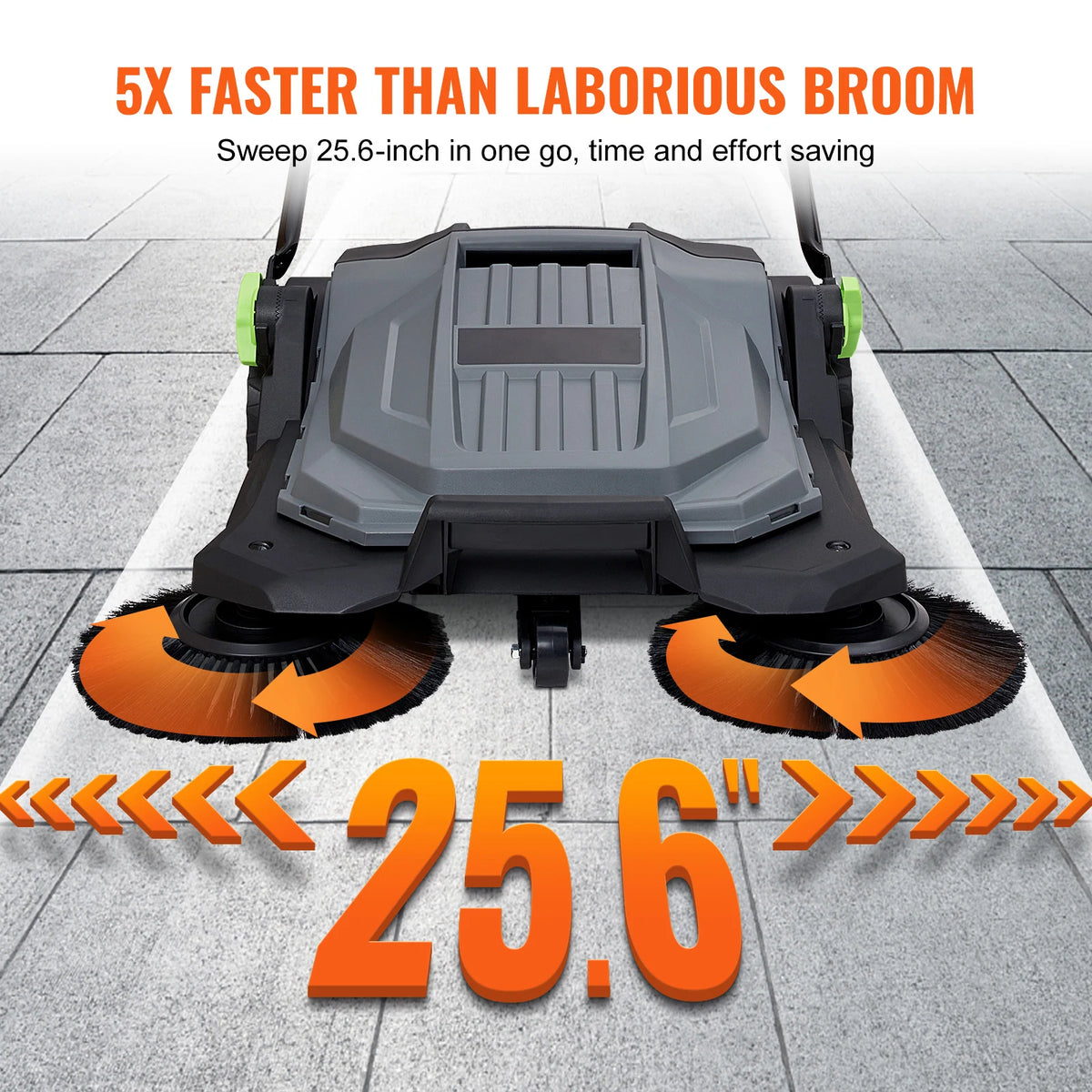 A close-up view of a walk-behind push floor sweeper with a 25.6-inch sweeping path on a concrete floor.