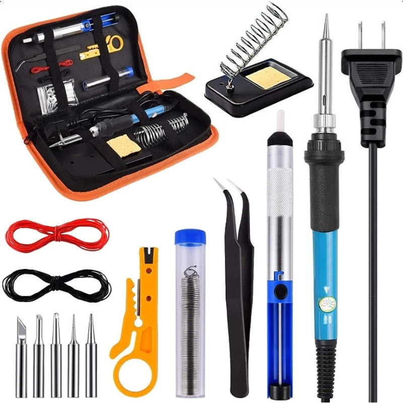 A kit of soldering iron tools including a soldering iron, multimeter, and five extra tips.