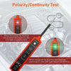 A handheld polarity/continuity test probe with a red body and cable, demonstrating positive and negative testing on an automo