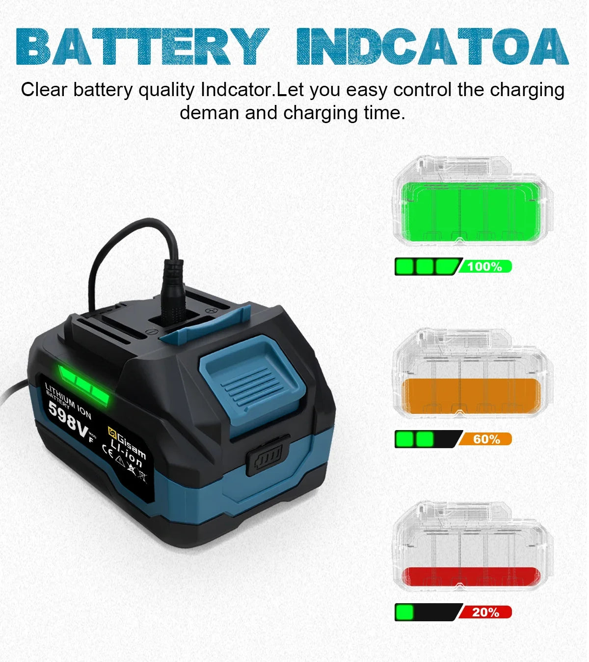 A black battery indicator device is shown with green, orange, and red lights indicating charge levels of 100%, 60%, and 20%.