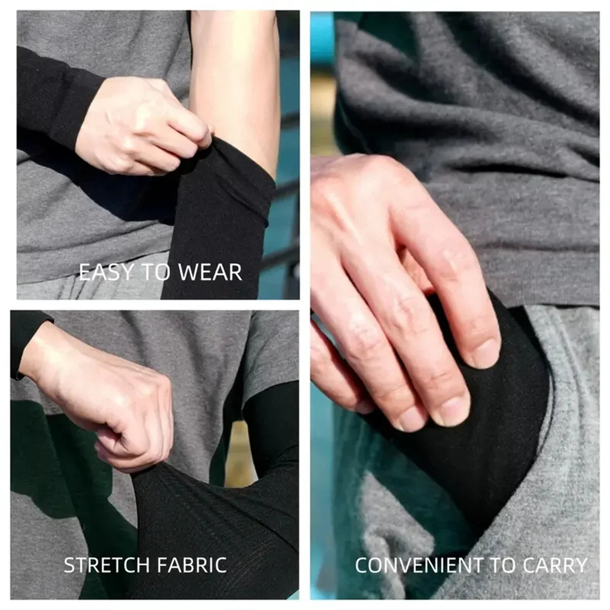 Close-up shots showing the ease of wear, stretch fabric, and convenience to carry of black UV protection cooling arm sleeves.