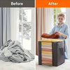 Before and after comparison showing extra large foldable storage bags for bedding and clothing