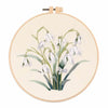 A circular embroidery hoop displaying a delicate floral design of white and pale green spring blossoms.