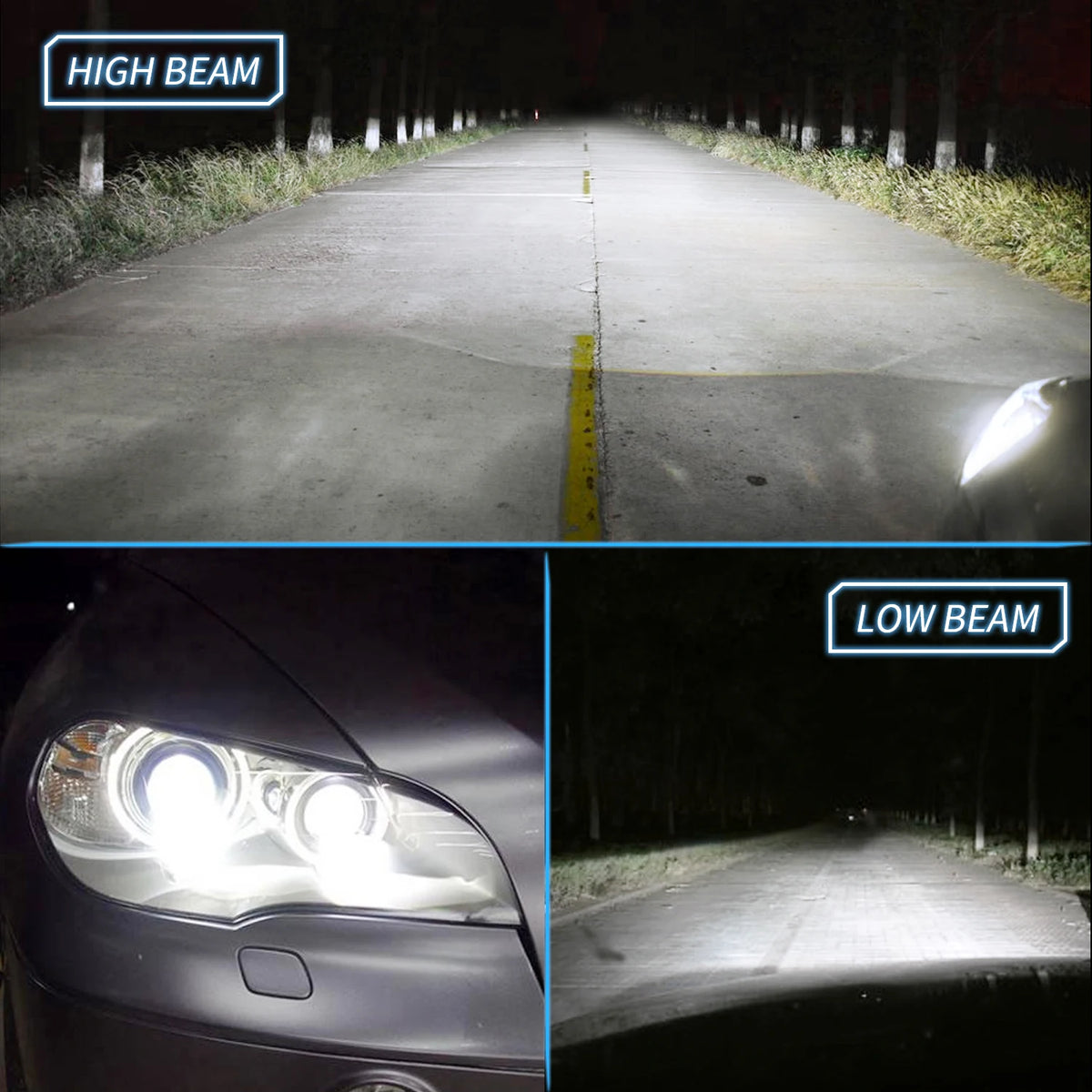 Comparison of high beam and low beam headlights on a road, showing light intensity differences.
