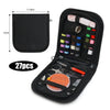 A black portable multi-function sewing kit containing various threads, needles, and tools is displayed in an open pouch.
