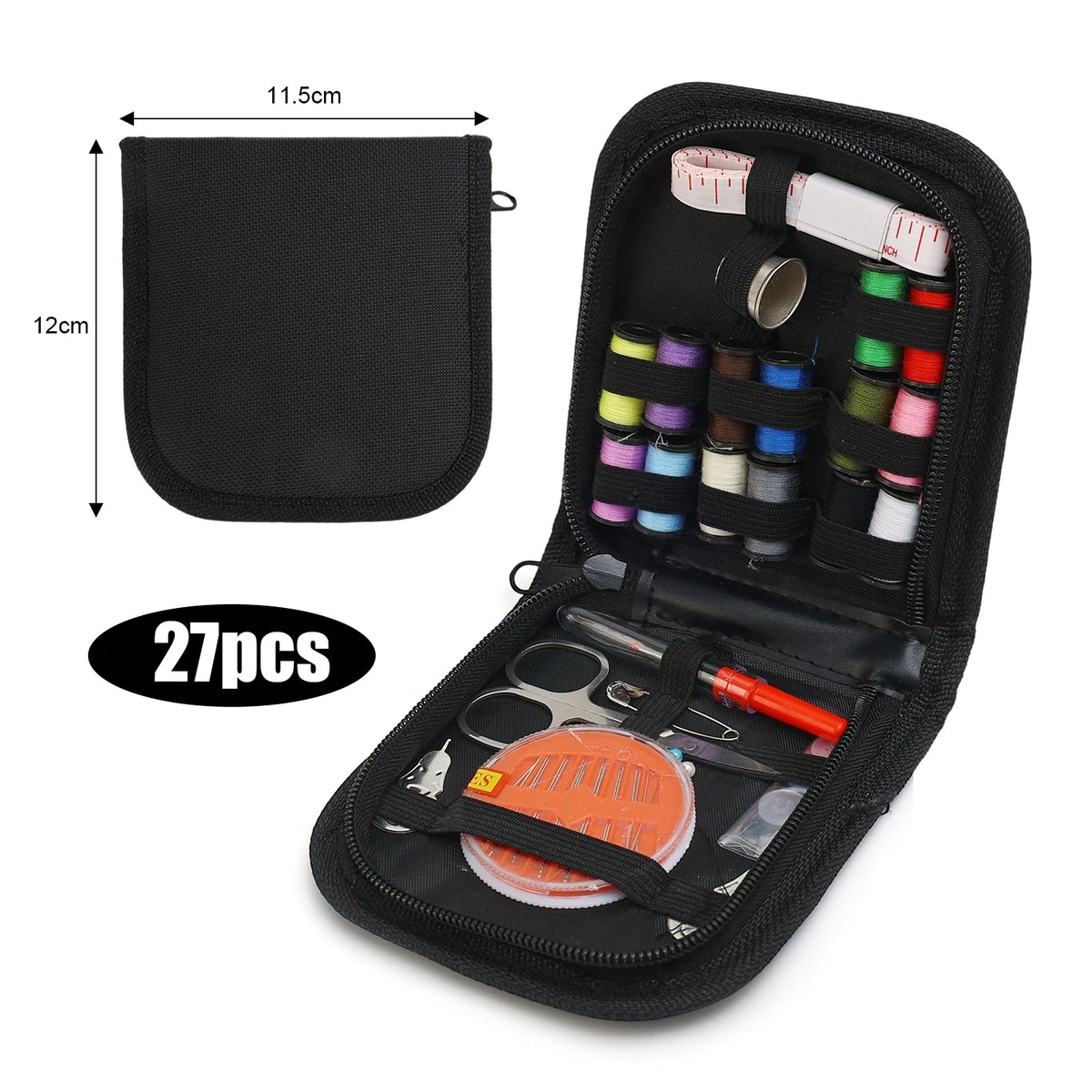 A black portable multi-function sewing kit containing various threads, needles, and tools is displayed in an open pouch.