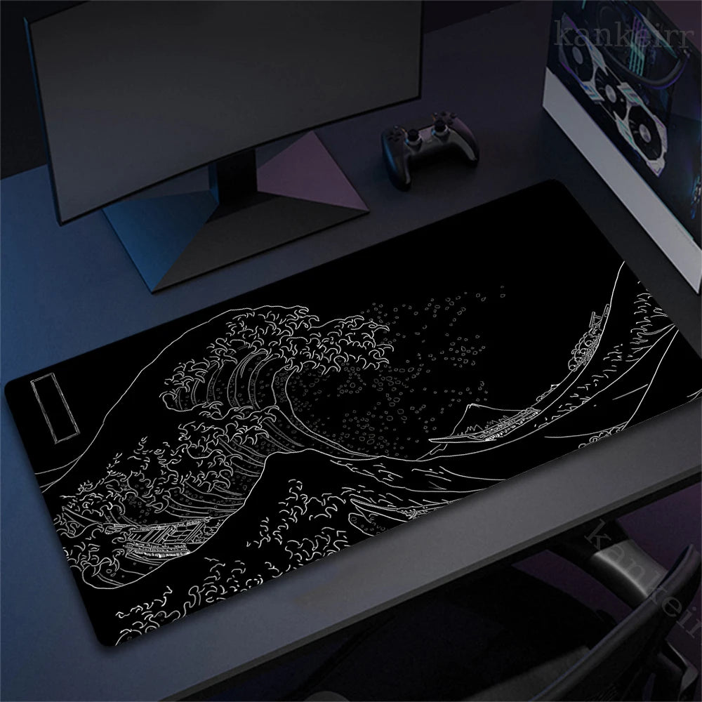 Schwarze Mattenunterlage mit weißer Linienzeichnung einer großen Ozeanwelle für Gaming und Büro