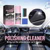 A bottle of polishing cleaner and a car interior cleaning tool are shown with a dark car interior background.
