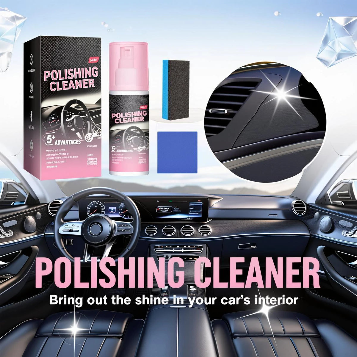 A bottle of polishing cleaner and a car interior cleaning tool are shown with a dark car interior background.