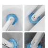 Wall-mounted disposable toilet brush set with blue bristles and holder shown in various angles