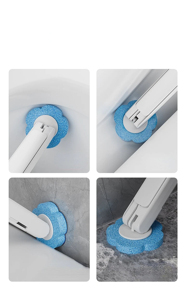 Wall-mounted disposable toilet brush set with blue bristles and holder shown in various angles