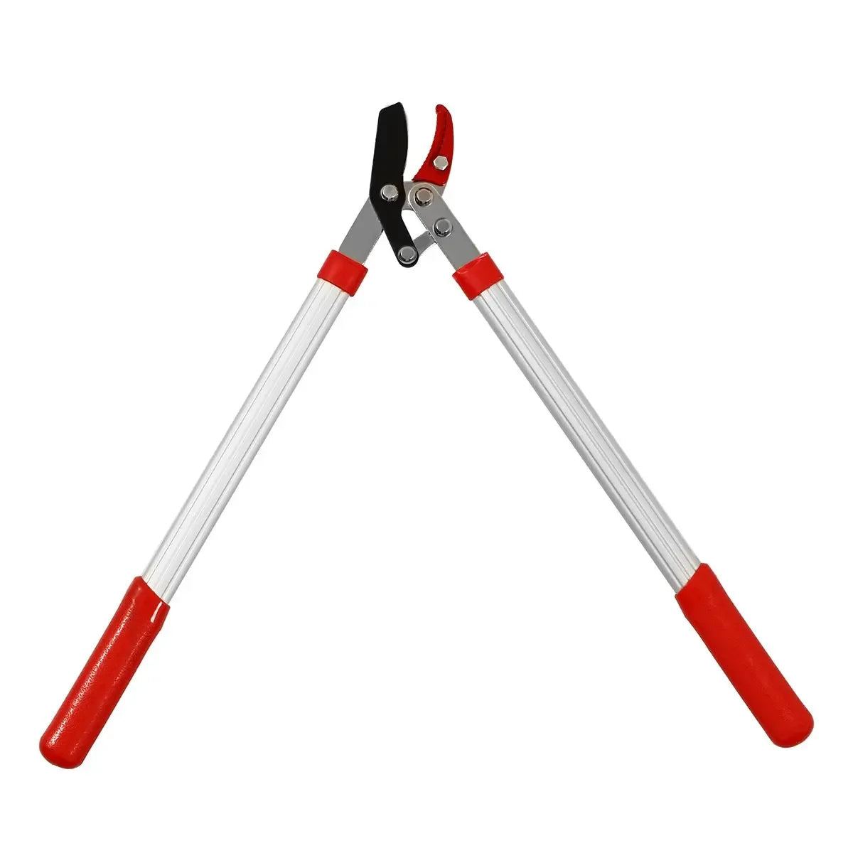 A pair of silver and red telescopic ratchet pruning shears with white handles.