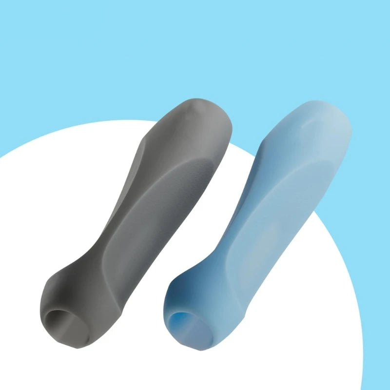 A pair of soft silicone pen grip sleeves in gray and light blue against a light blue background.