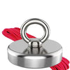 Silver fishing magnet with an eyebolt and red cord attached