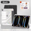 A black slim trifold iPad case with an acrylic back and a protective cover are displayed on a white surface.
