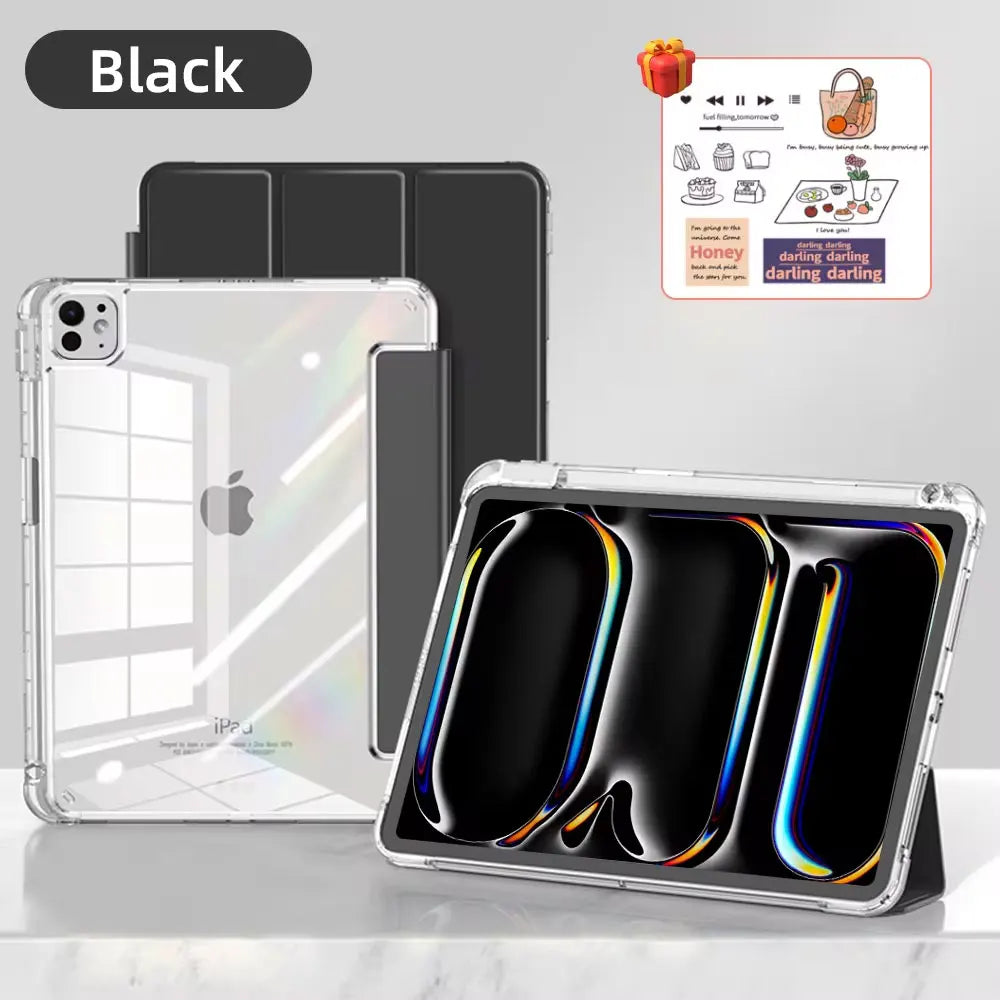 A black slim trifold iPad case with an acrylic back and a protective cover are displayed on a white surface.