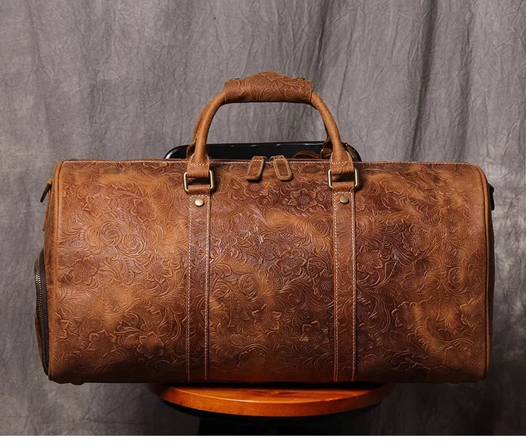 Vintage Embossed Leather Travel Duffle Bag