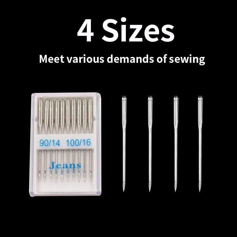 A set of four sizes of stainless steel sewing machine needles for various demands of sewing, including 90/14, 100/16, and jea