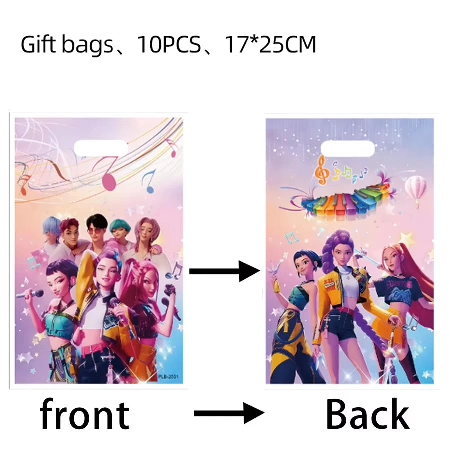 Front and back views of a K-Pop themed gift bag set featuring colorful idols and music notes