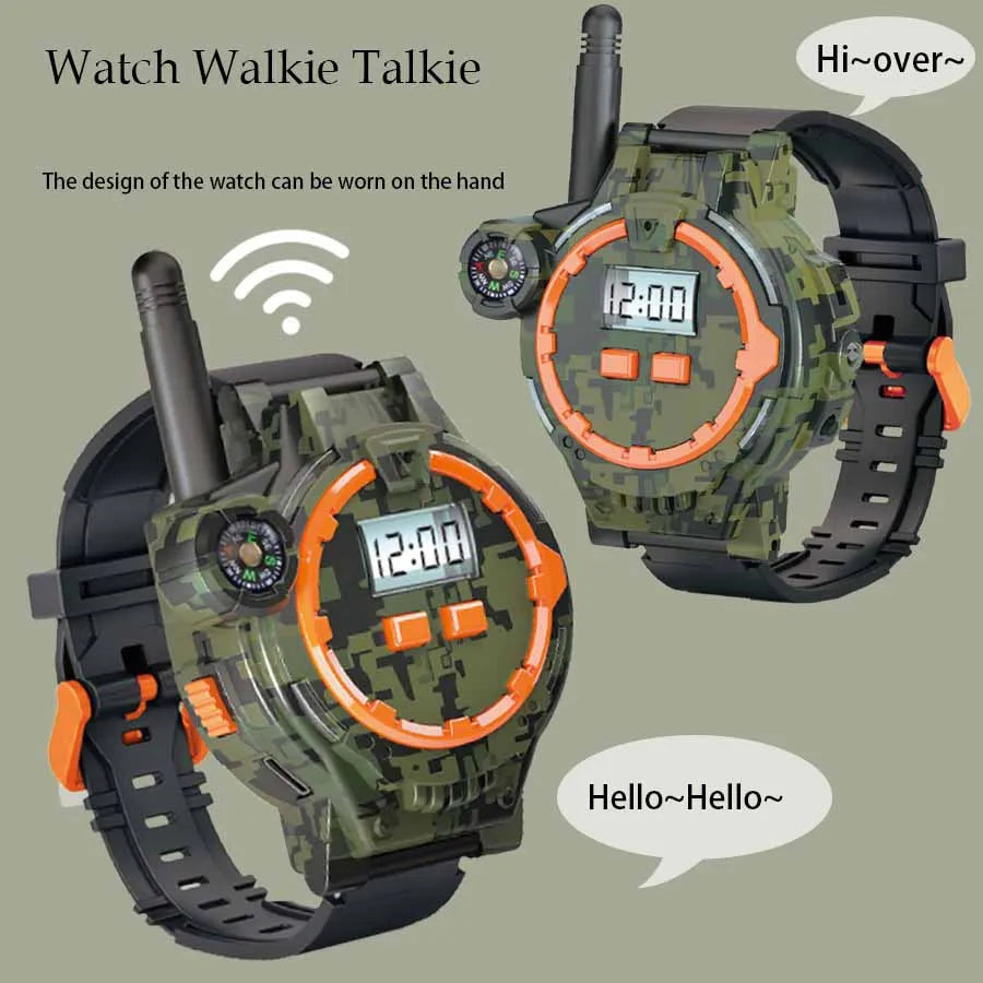 A green camouflage watch set featuring a digital display and a walkie-talkie antenna, shown in two views.