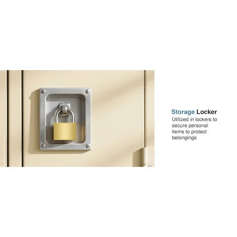 A close-up view of a heavy-duty metal padlock with keys mounted on a wall for locker security.