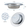 Stainless steel sink drain strainer with a perforated plate and a flat bowl design.