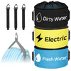 A set of four waterproof storage bags for RV hoses labeled Dirty Water, Electric, and Fresh Water.