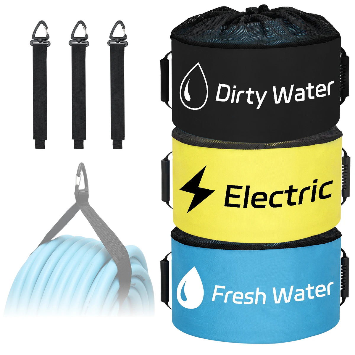 A set of four waterproof storage bags for RV hoses labeled Dirty Water, Electric, and Fresh Water.