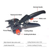 Black pruning tool with a handle and three interchangeable blades for grafting and pruning.