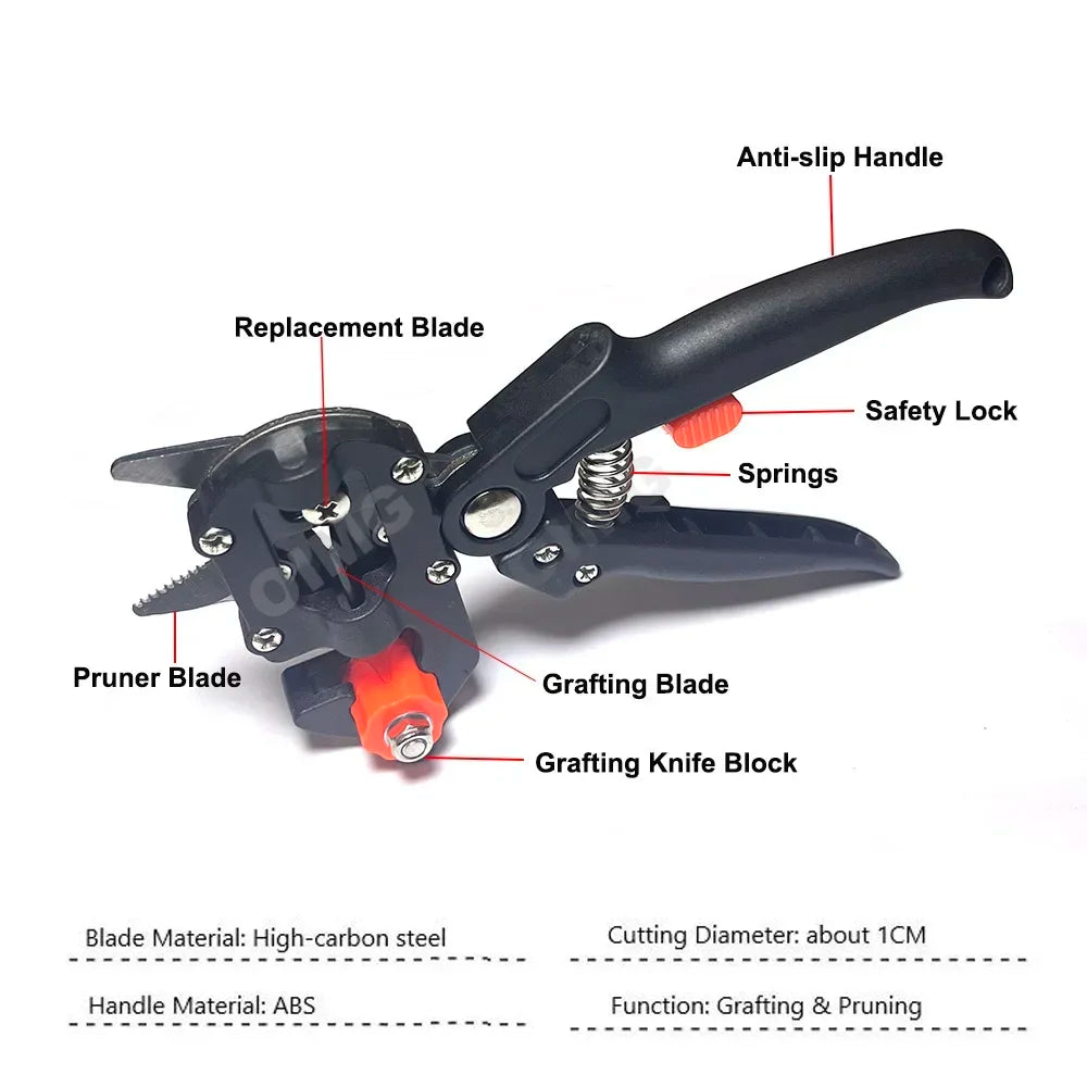 Black pruning tool with a handle and three interchangeable blades for grafting and pruning.