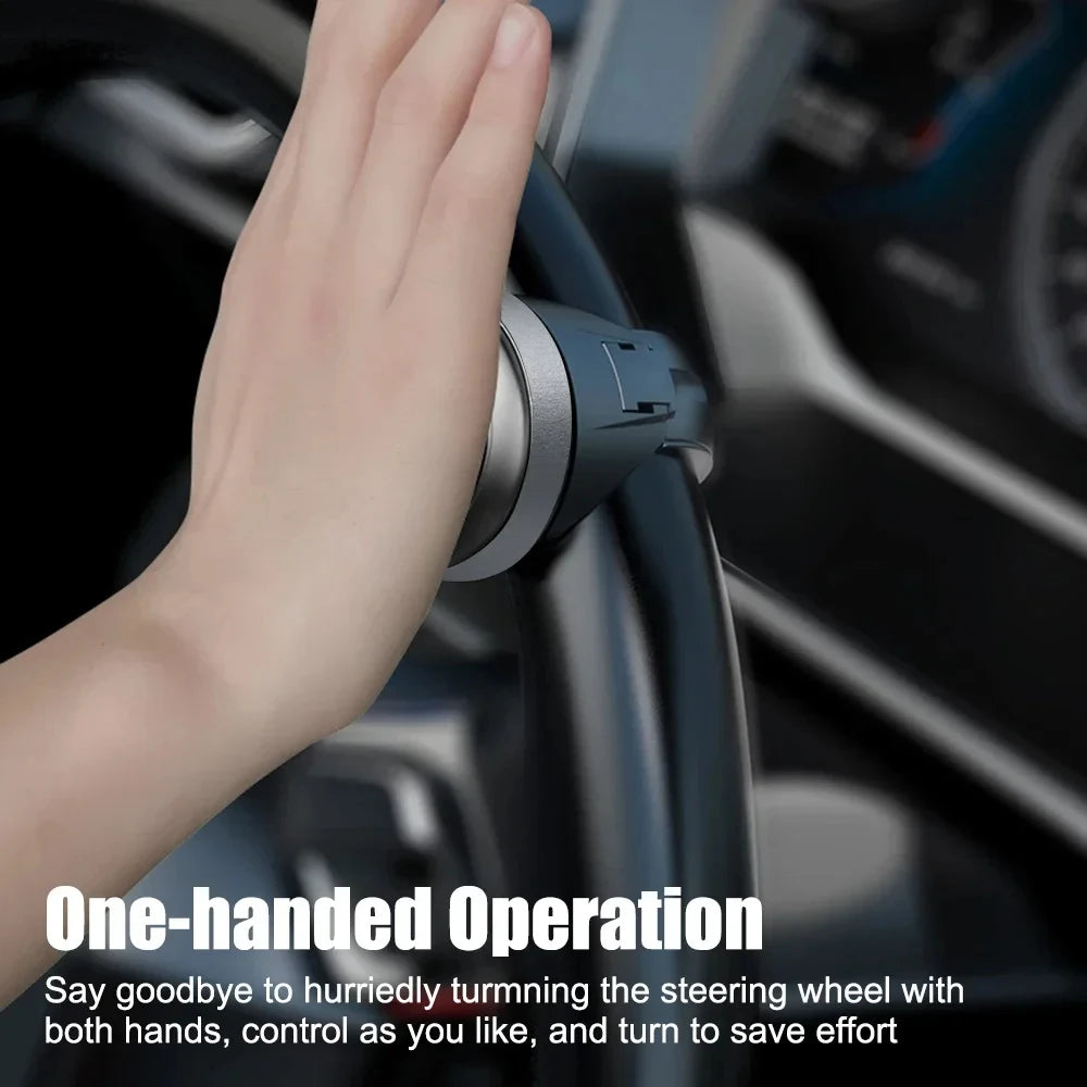 A hand is operating a one-handed steering wheel spinner knob for easy control.