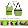 Adjustable lime green foldable rolling shopping bag with collapsible wheels shown in three views