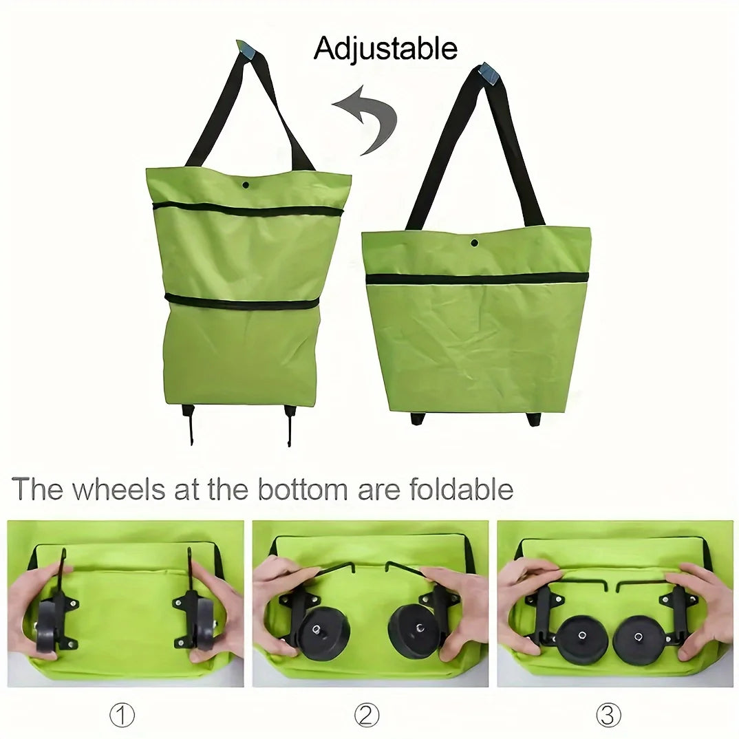 Adjustable lime green foldable rolling shopping bag with collapsible wheels shown in three views