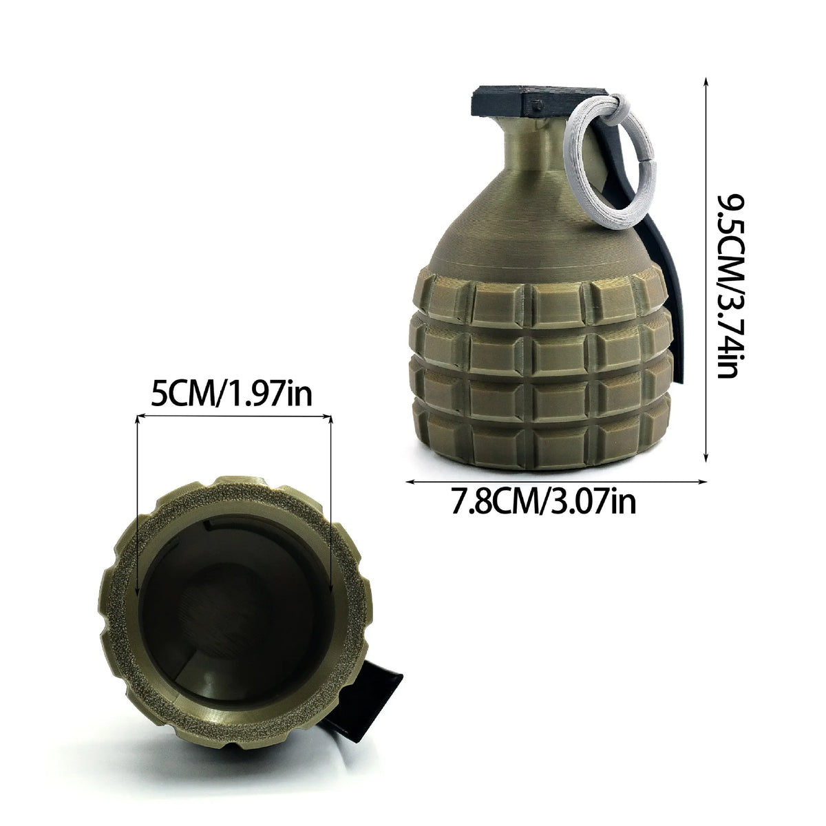 A brass-colored tow ball cover protector with a black strap and a silver loop, shown next to its dimensions.