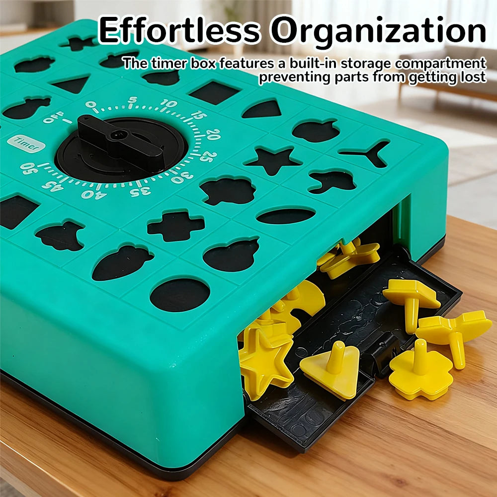 A teal timer box puzzle game with a built-in storage compartment and yellow matching parts.