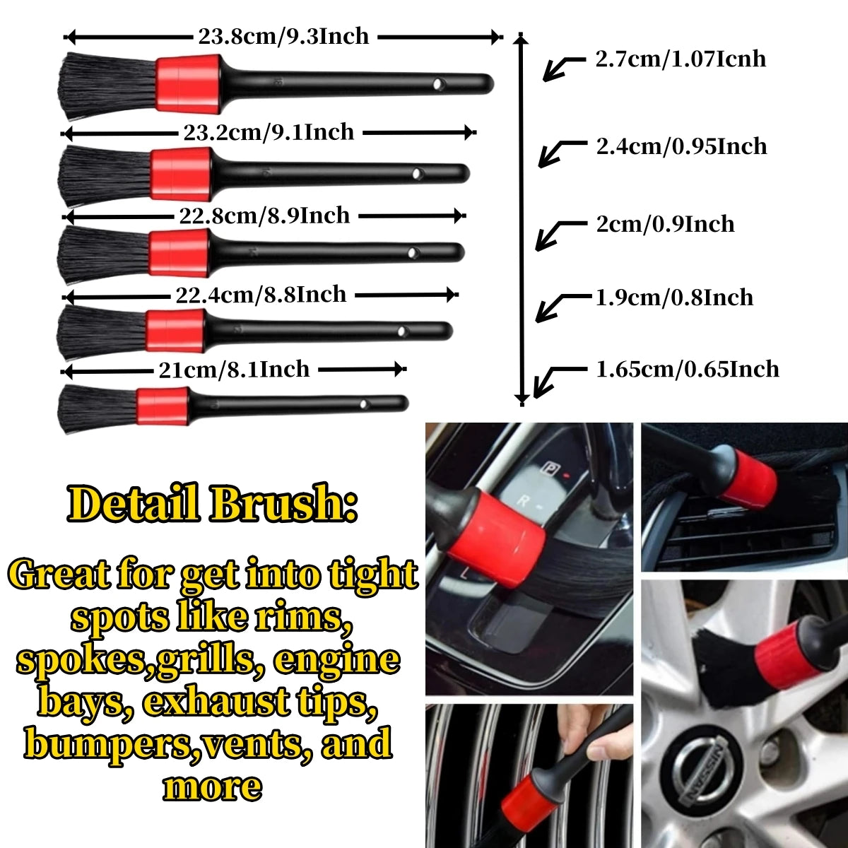 6-Piece Car Detailing Brush Set for Wheels, Dashboards & Vents