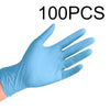 A hand wearing a light blue disposable nitrile glove is shown against a white background.