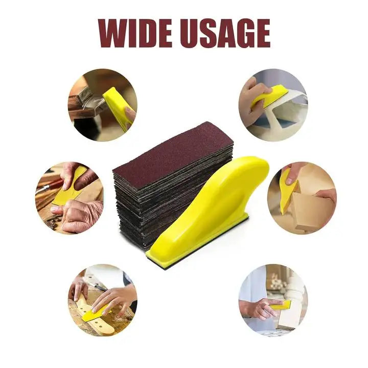 A yellow multi-grinder kit with precision sandpaper set shown in various uses and applications.