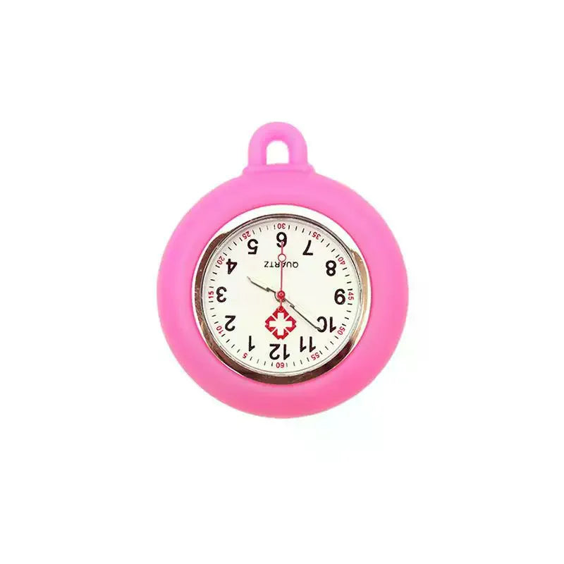 A pink silicone pocket nurse watch with a brooch pin and a round face.