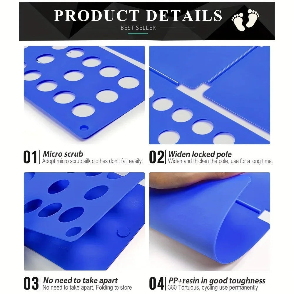 A blue portable clothes folding board with multiple holes and a slotted pole for neat laundry folding.