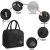 Black insulated lunch bag with reinforced handles, inner wipe, front pocket, waterproof surface, and cute icon.
