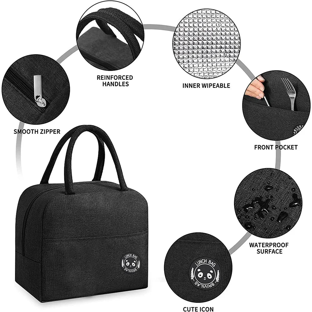 Black insulated lunch bag with reinforced handles, inner wipe, front pocket, waterproof surface, and cute icon.