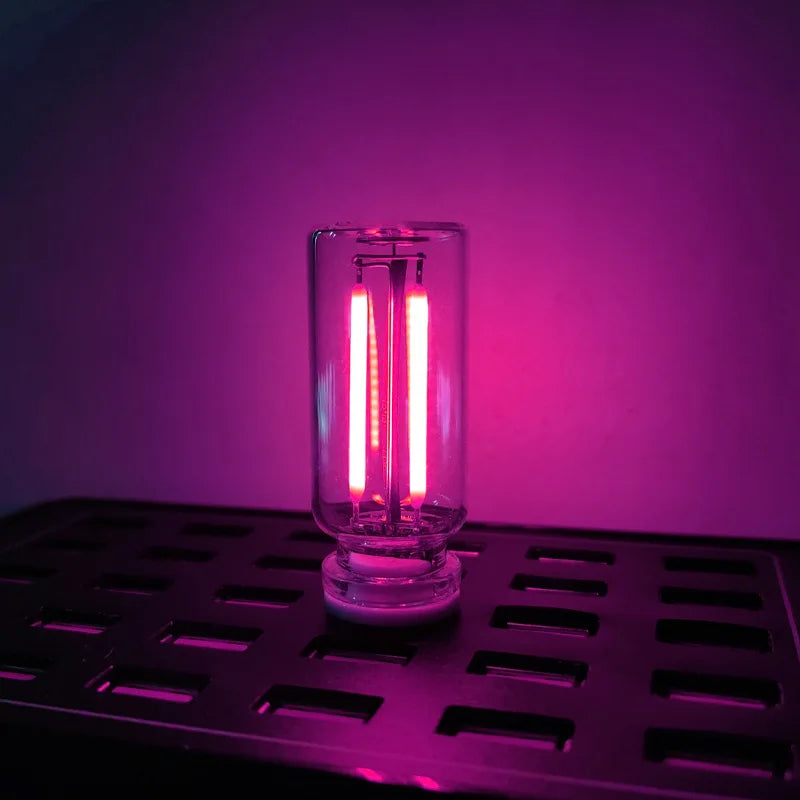 A glass cylindrical LED night light with a warm filament glow is placed on a black grid surface against a purple background.
