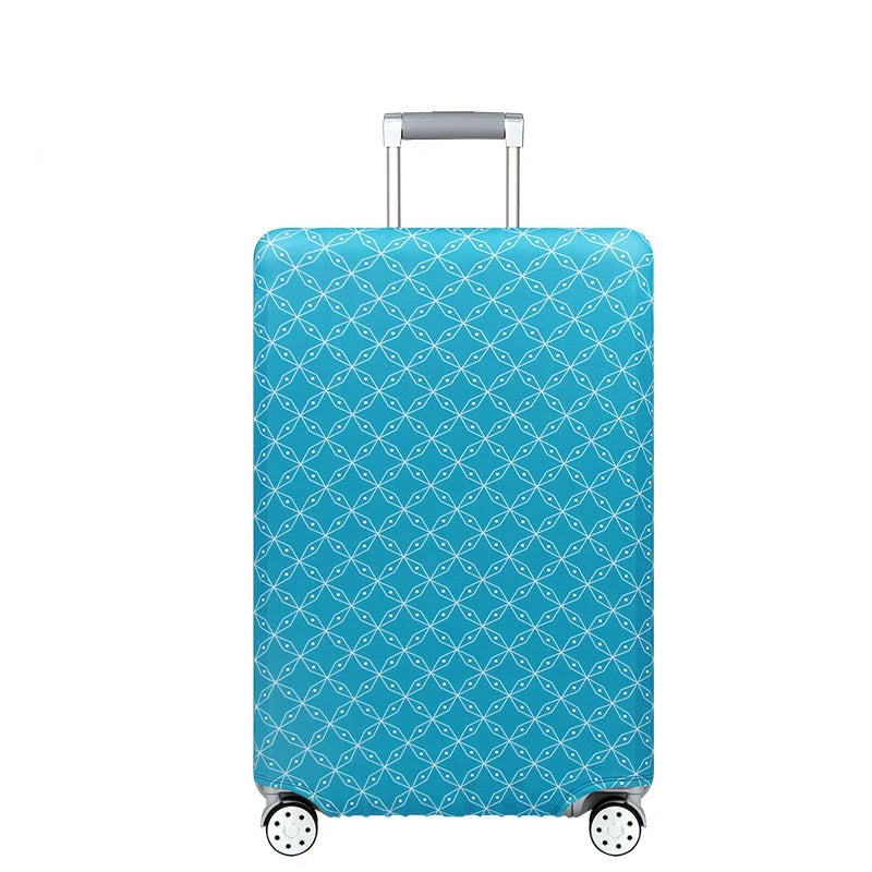 A turquoise stretchable luggage cover with a diamond pattern and silver handle and wheels.